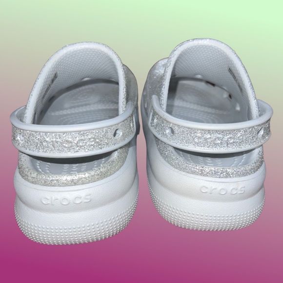 NWOB Crocs Atmosphere/Silver Glitter Classic Cutie Platform Clogs Size J2 - Picture 5 of 7